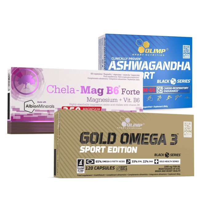 Olimp Chela-Mag B6 Forte Mega Caps® + Olimp Gold Omega 3™ Sport Edition + Olimp Ashwagandha 600 Sport Edition (KSM-66®)