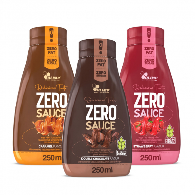 3 x Olimp Zero Sauce: karmel, truskawka, podwójna czekolada - 250 ml